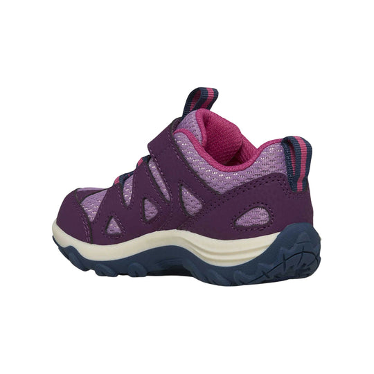Purple and pink kids' hiking shoe with mesh panels, side overlays, and a navy treaded sole