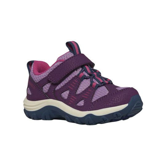 Purple and navy kids' hiking shoe with Velcro strap, bungee laces, and rugged tread