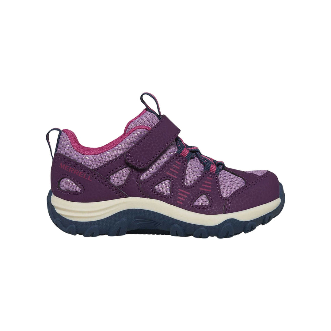 Purple and pink kids' hiking shoe with a Velcro strap, bungee laces, and a navy sole
