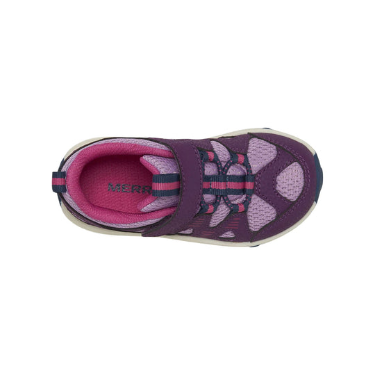 Purple and pink kids' sneaker with bungee laces, strap closure, and mesh panels, shown from above