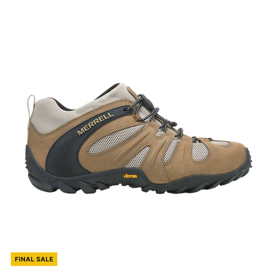 Tan and black hiking shoe with mesh side panels, bungee laces, and FINAL SALE tag