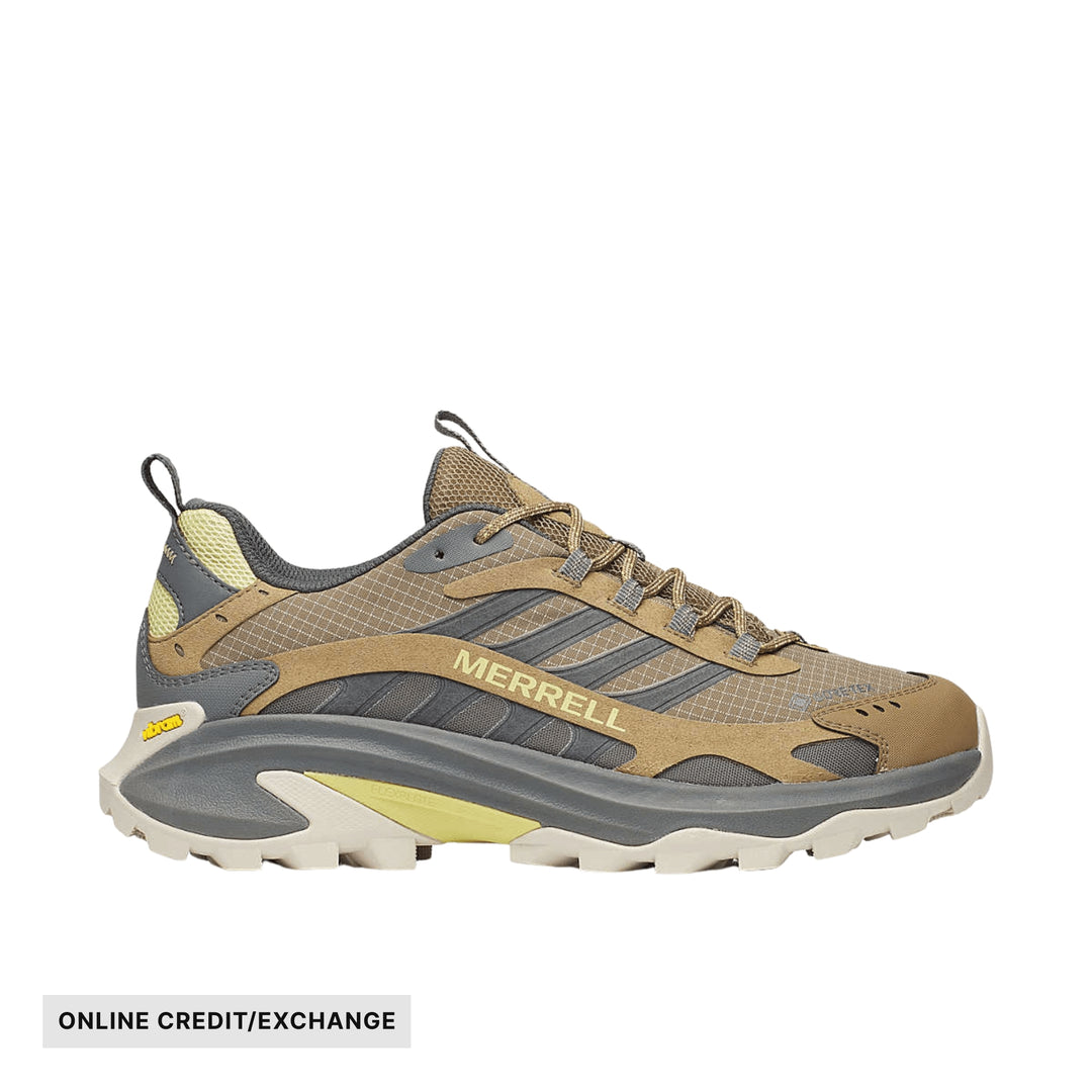 Tan and gray low-top hiking shoe with mesh upper, lugged sole, and side logo