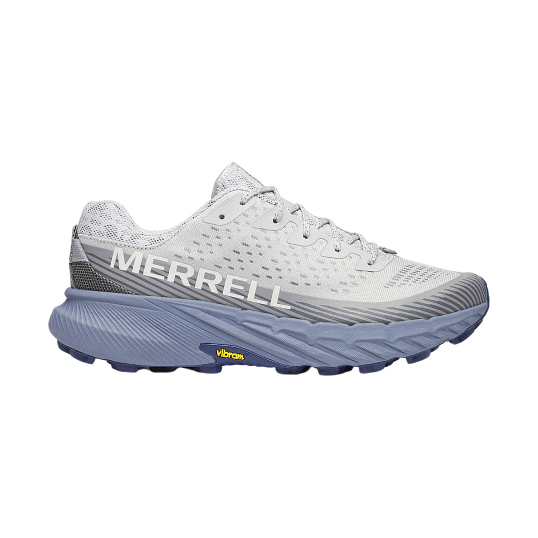White and light gray trail running shoe with a blue lugged sole and side MERRELL branding