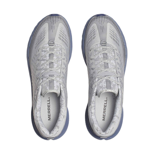Light gray trail running shoes with blue soles, mesh uppers, and lace-up fronts