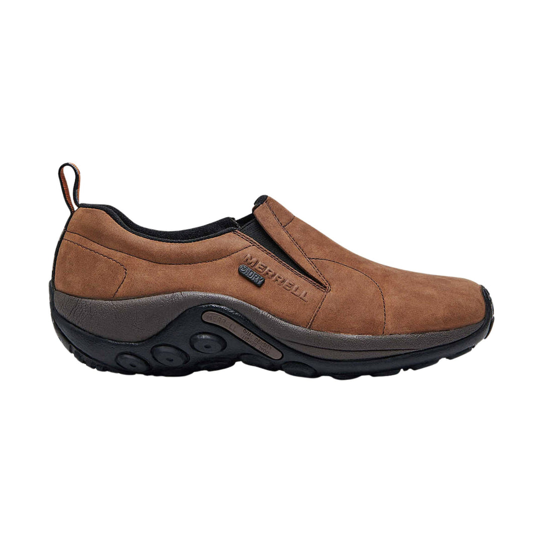 Brown slip-on shoe with black sole, heel pull tab, and side Merrell logo