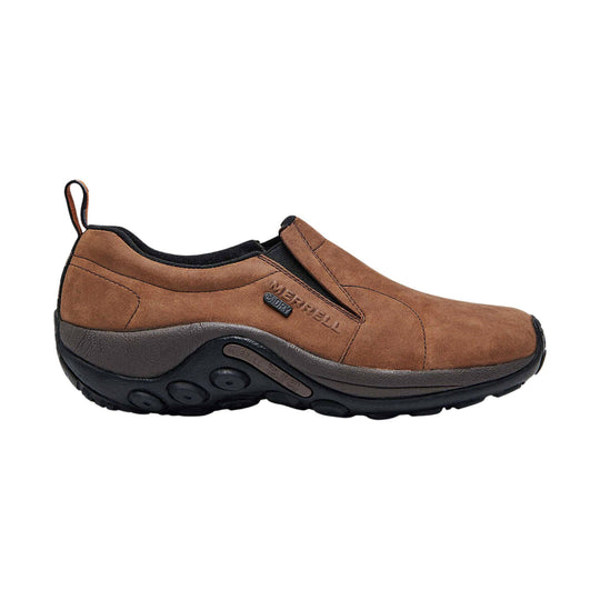 Brown slip-on shoe with black sole, heel pull tab, and side Merrell logo