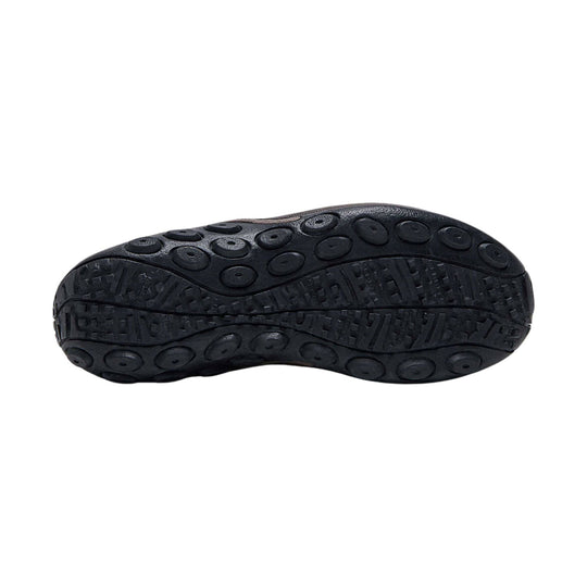 Black shoe outsole with round traction pods and tread pattern