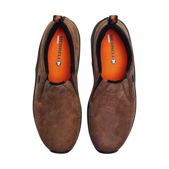 Brown slip-on shoes with orange insoles and black trim, shown from above