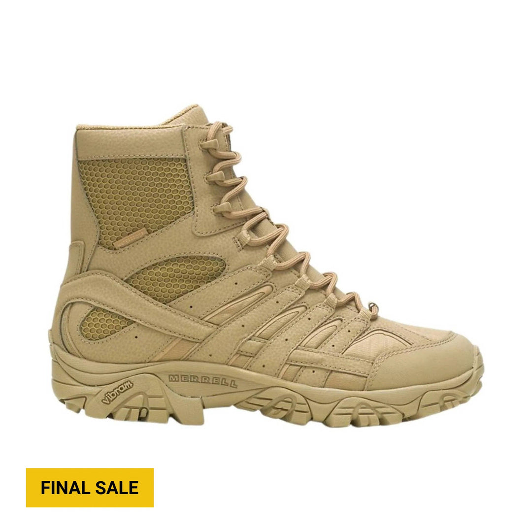 Tan tactical lace-up boot with mesh side panels and rugged tread, side view