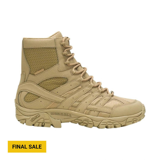 Tan tactical lace-up boot with mesh side panels and rugged tread, side view