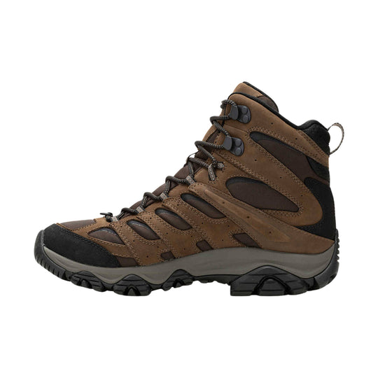 Brown and black mid hiking boot with mesh panels, metal lace hooks, and rugged tread