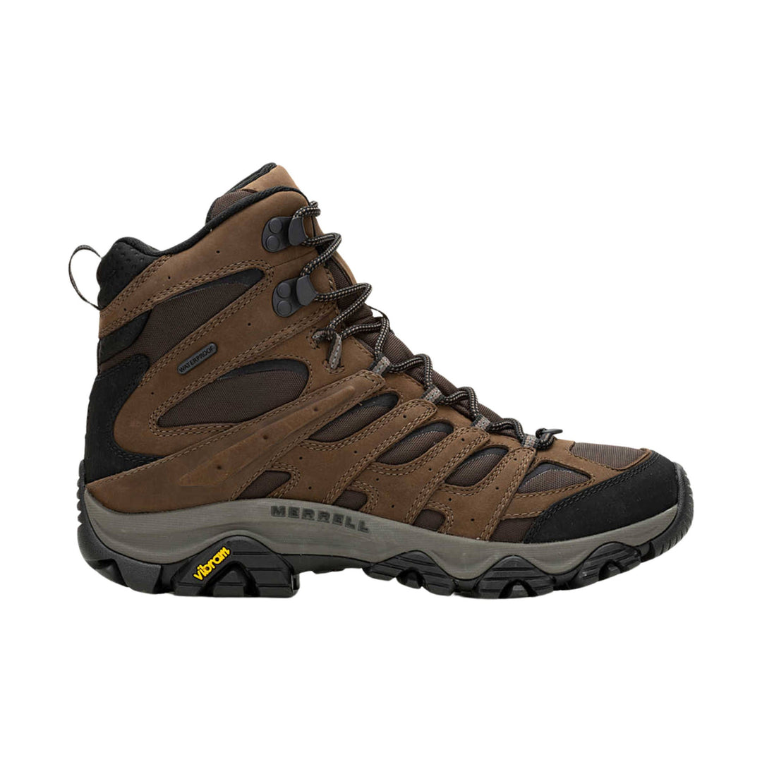 Brown and black waterproof hiking boot with lace-up closure and Vibram sole