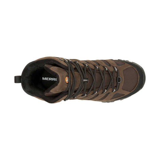 Brown and black mid-height hiking boot viewed from above with bungee laces and a pull tab