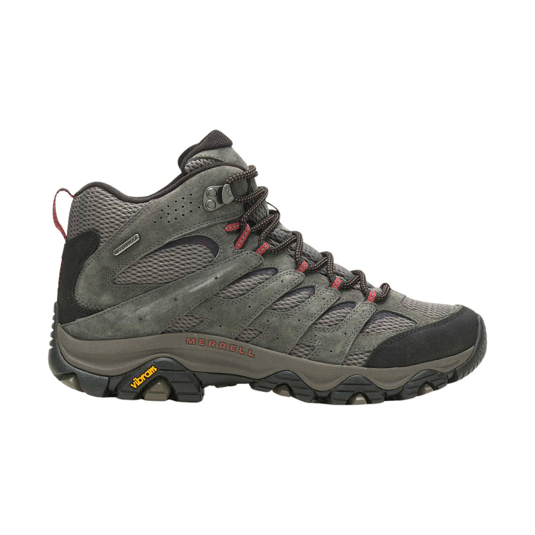 Gray mid-height hiking boot with mesh panels, bungee laces, and black rubber toe and heel caps
