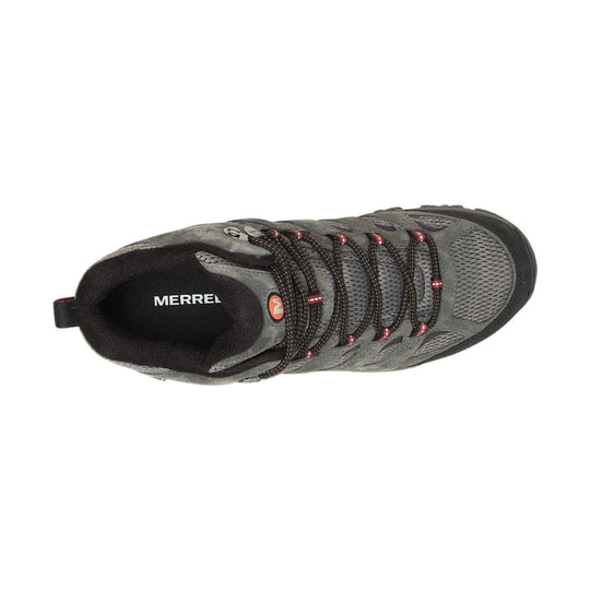 Gray mid-height hiking boot with black mesh lining, bungee laces, and visible MERRELL branding