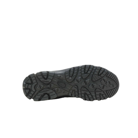 Black hiking boot outsole with deep lug tread and Vibram logo