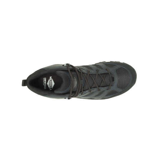 Black tactical hiking boot with mesh panels, laces, and a padded collar, viewed from above.