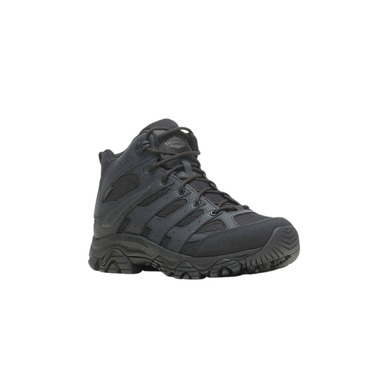Black mid-height hiking boot with mesh panels, lace-up front, and a rugged treaded sole