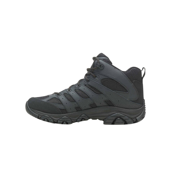 Black mid-height hiking boot with lace-up closure and rugged lug sole, side view