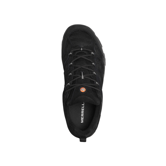 Black low-top hiking shoe with mesh upper, bungee laces, and a pull tab