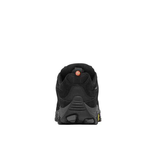 Black hiking shoe shown from the back with a chunky treaded sole and orange heel pull tab