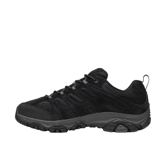 Black low-cut hiking shoe with mesh panels, rugged outsole, and heel pull tab
