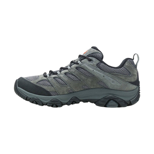 Gray and black low-top hiking shoe with mesh panels, suede overlays, and a lugged outsole