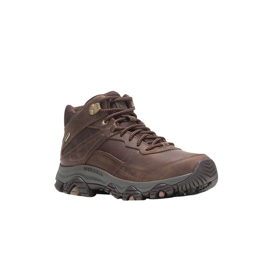 Brown leather mid hiking boot with dark laces, padded ankle collar, and rugged lugged sole