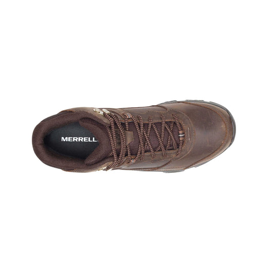 Brown leather hiking boot, top view, with brown laces and visible MERRELL logo on the insole