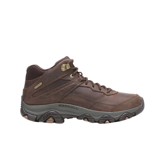 Brown mid-height hiking boot with laces, waterproof tag, and rugged tread sole