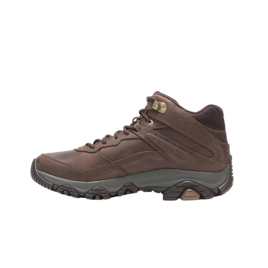 Brown leather mid hiking boot with metal lace hooks, padded collar, and rugged tread sole