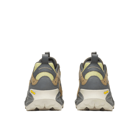 Pair of gray, tan, and cream hiking shoes shown from the back with mesh panels and thick lug soles