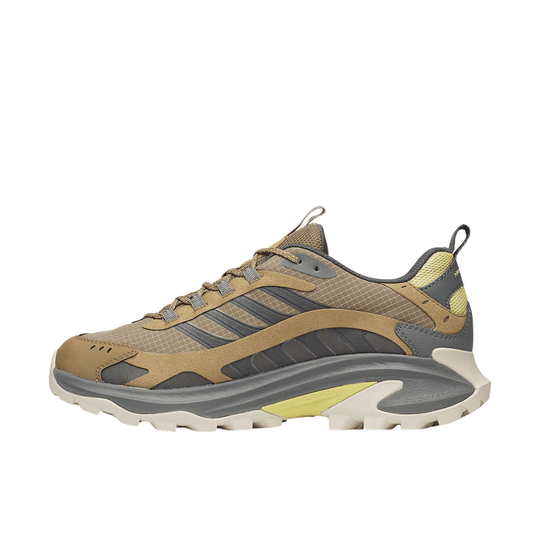 Brown and gray low-top hiking shoe with black side stripes, yellow heel detail, and lugged outsole