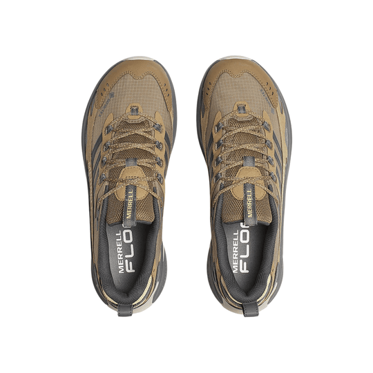 Pair of tan and brown low hiking shoes with mesh panels, bungee laces, and Merrell branding on the insoles