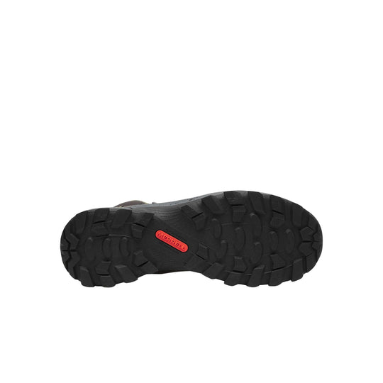 Black rugged boot outsole with deep lugs and a red Merrell logo insert