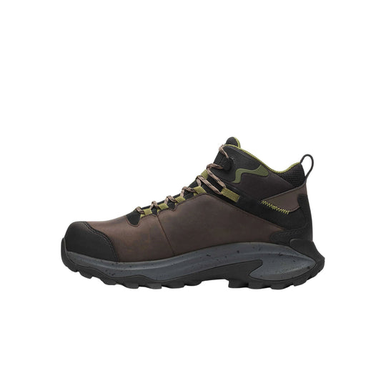 Dark brown and black mid-height hiking boot with rugged sole and olive accents, side view