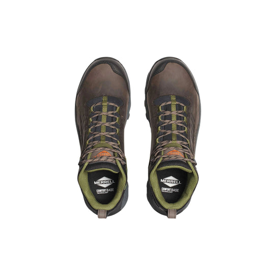 Pair of dark brown mid-height work boots with olive trim and visible laces, top view