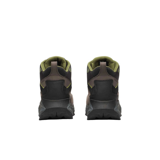 Pair of dark hiking boots shown from the back with olive-green collars and rugged black soles
