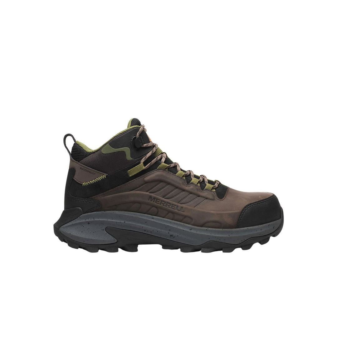 Mid-height hiking work boot in dark brown and black with olive laces and a rugged treaded sole
