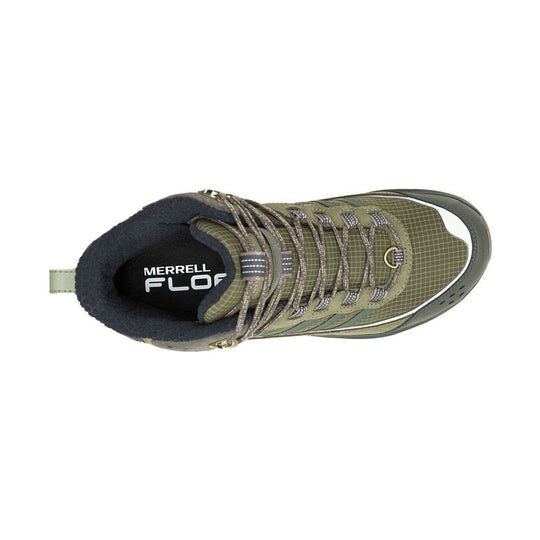 Olive and brown hiking boot with bungee laces, padded collar, and rugged toe bumper