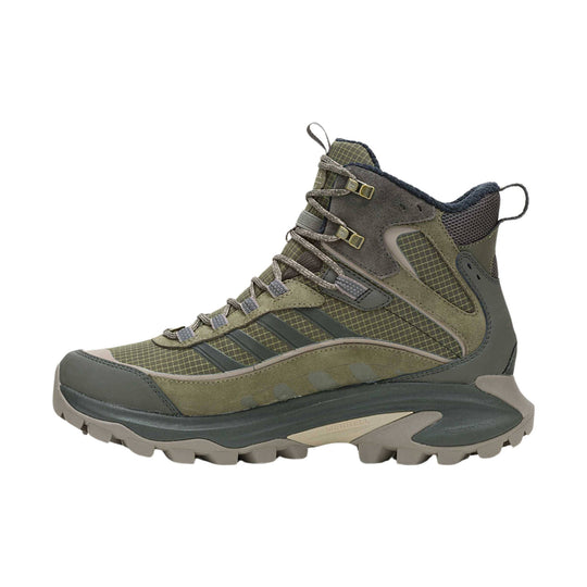 Olive and gray mid-height hiking boot with lugged sole, padded collar, and bungee laces