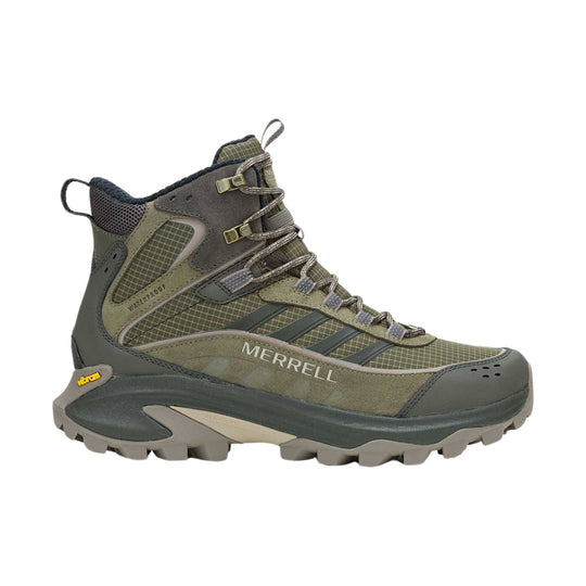 Olive and gray mid-height hiking boot with lugged sole, lace hooks, and visible Merrell branding