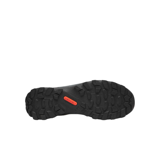 Black lugged boot outsole with a red Merrell logo