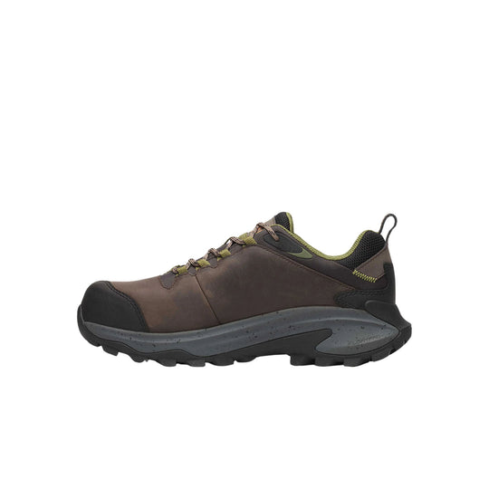 Brown and black low hiking work shoe with lugged sole and yellow-green trim