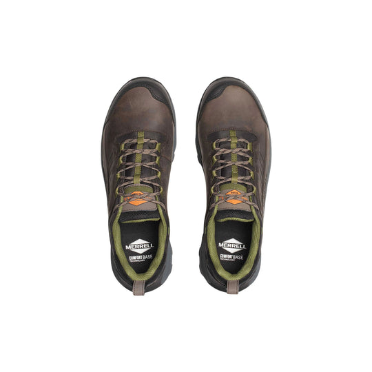Pair of brown low-top work shoes with olive trim, laces, and toe caps, viewed from above