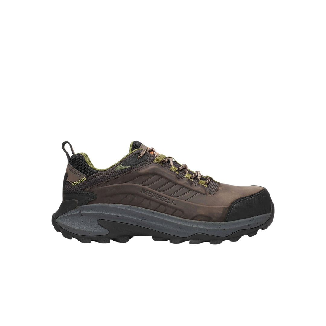 Brown and black low hiking work shoe with lug sole, lace-up front, and waterproof marking