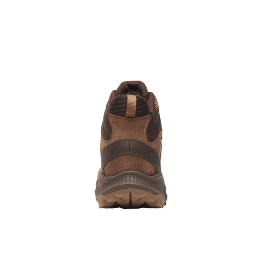 Brown mid-height hiking boot shown from the back with a lugged sole and padded collar