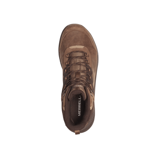 Brown mid-top hiking boot with bungee laces and Merrell branding on the insole