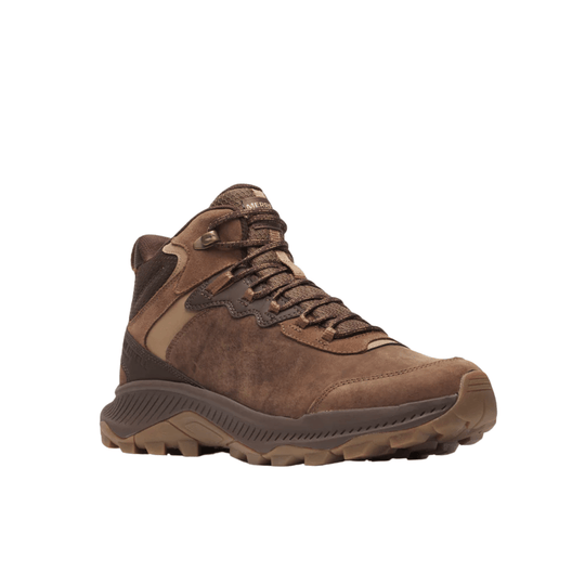 Brown mid-height hiking boot with suede and mesh panels, bungee laces, and rugged tread