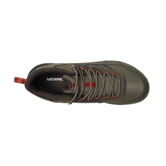 Olive and brown hiking boot with gray laces and red lace loops, top view